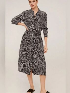 Mango Black and Cream Printed Midi Shirt Dress